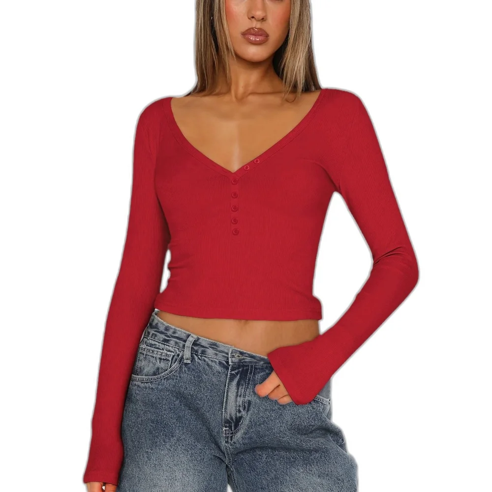 Faionable com nervuras longo sve colheita topo v-ne camiseta interior wear ort sle umbigo exposição outono inverno feminino topo