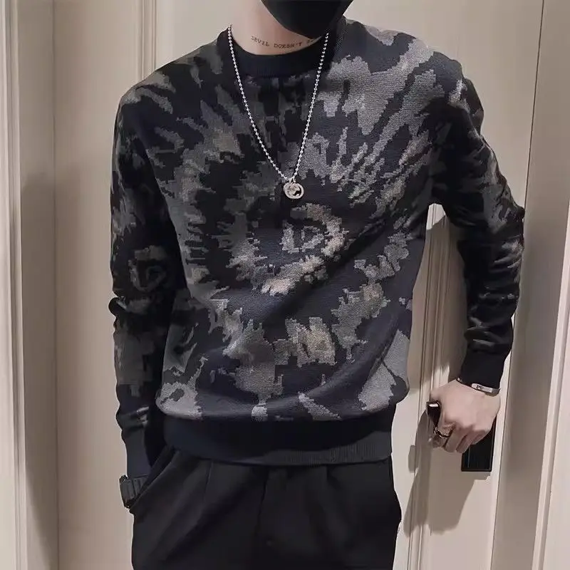 New Personality Handsome Hot Style Slim Round Neck Sweater Trendy Bottoming Internet Celebrity Sweater for Men