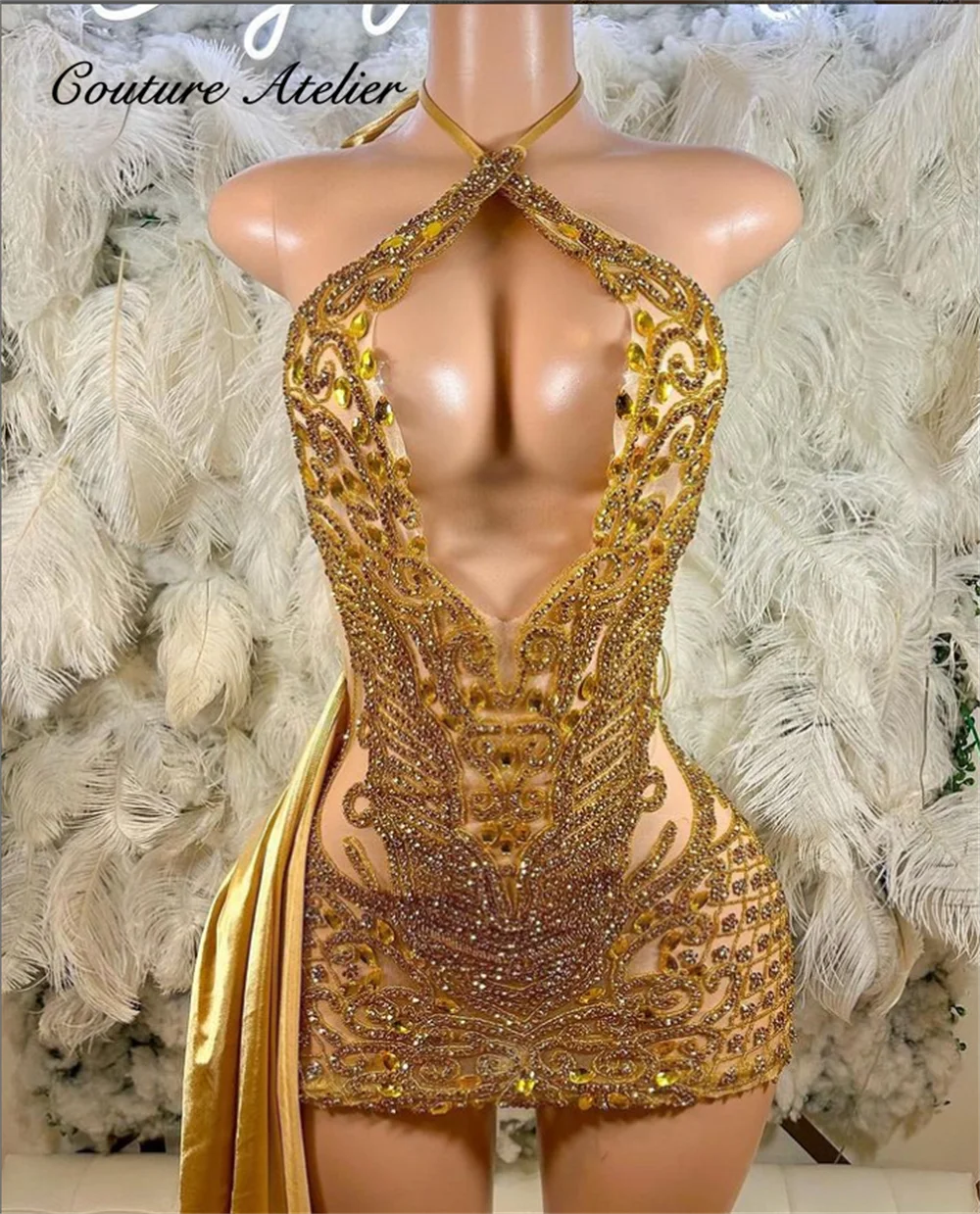 

Glitter Golden Prom Dress 2024 Black Grls Halter Beads Crystal Rhienstones Luxury African Birthday Party Gowns Robe De Bal