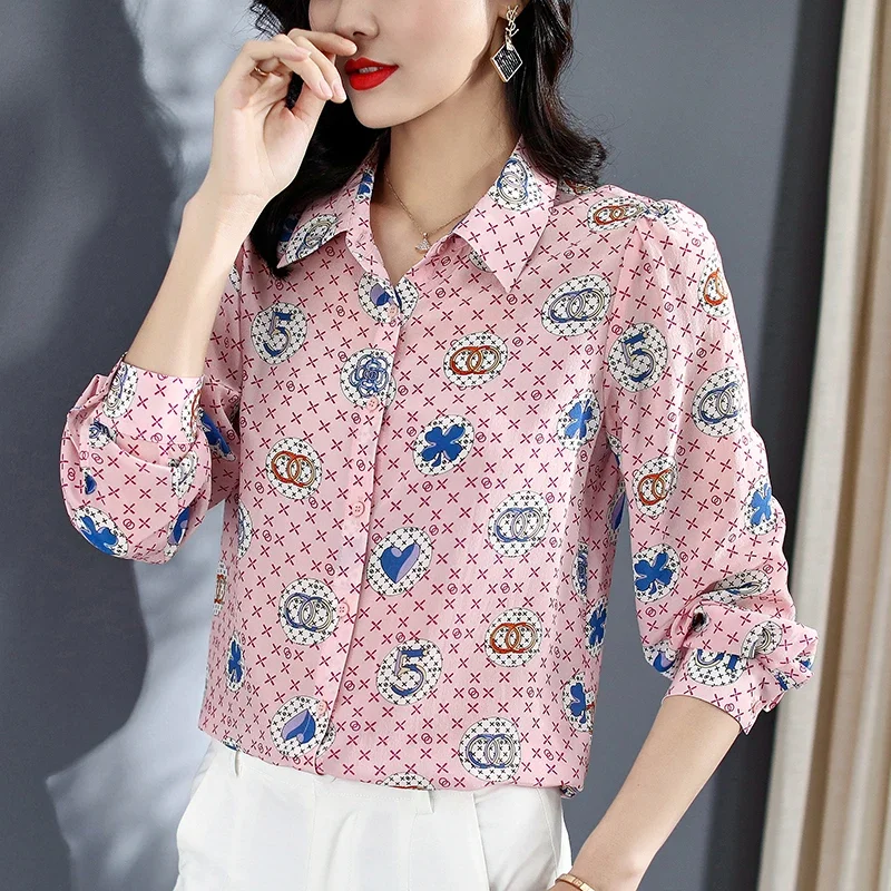 

Natural Silk Women Printed Shirt Elegant Turn-down Collar Long Sleeve Casual Shirts Pure Real Silk Office Lady Pink Blouse