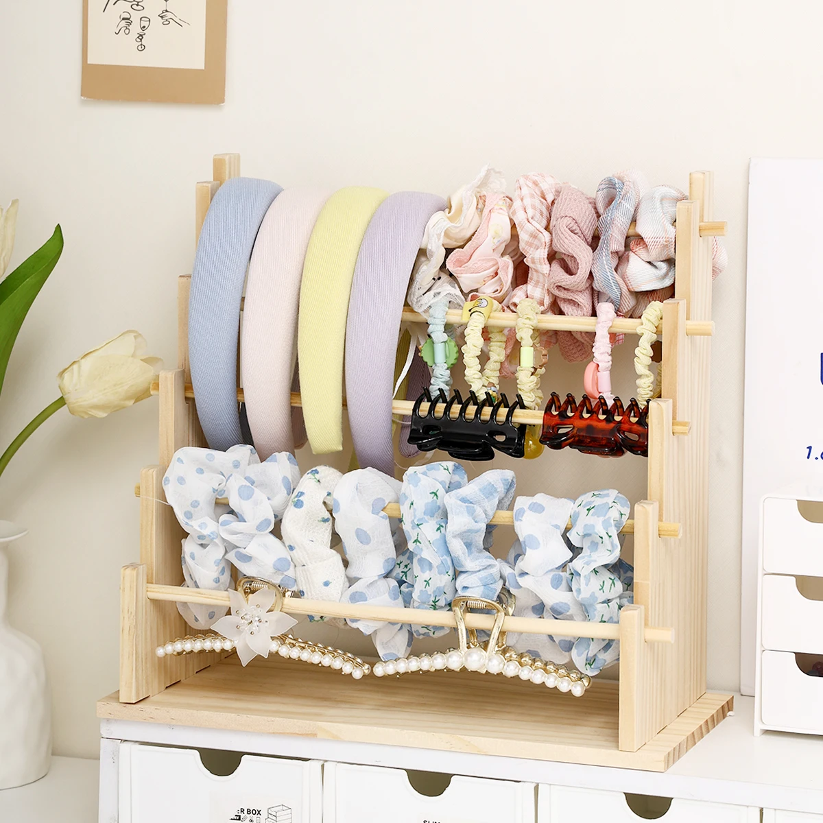 1 قطعة الخشب الصلب 2-Layer/3-layer/4-Layer/5-Layer إكسسوارات الشعر سطح المكتب حامل مجوهرات مناسبة لحبل الشعر ومنظم هوب