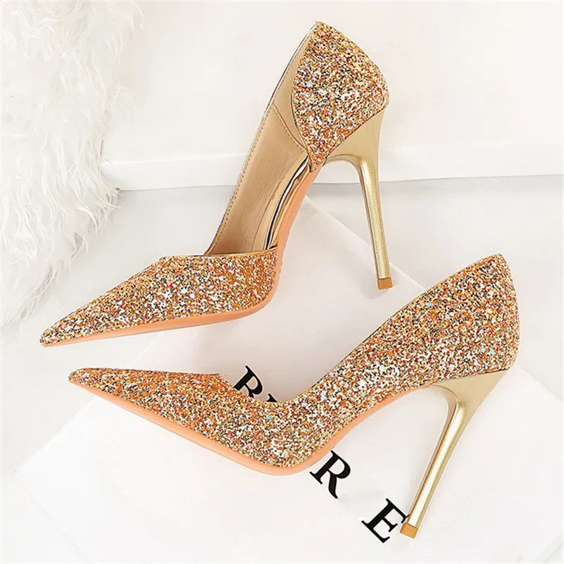 Women 7cm 10.5cm High Heels Elegant Blue Pumps Sexy Sequins Bling Mid Heels Lady Scarpins Luxury Stiletto Sparkly Party Shoes