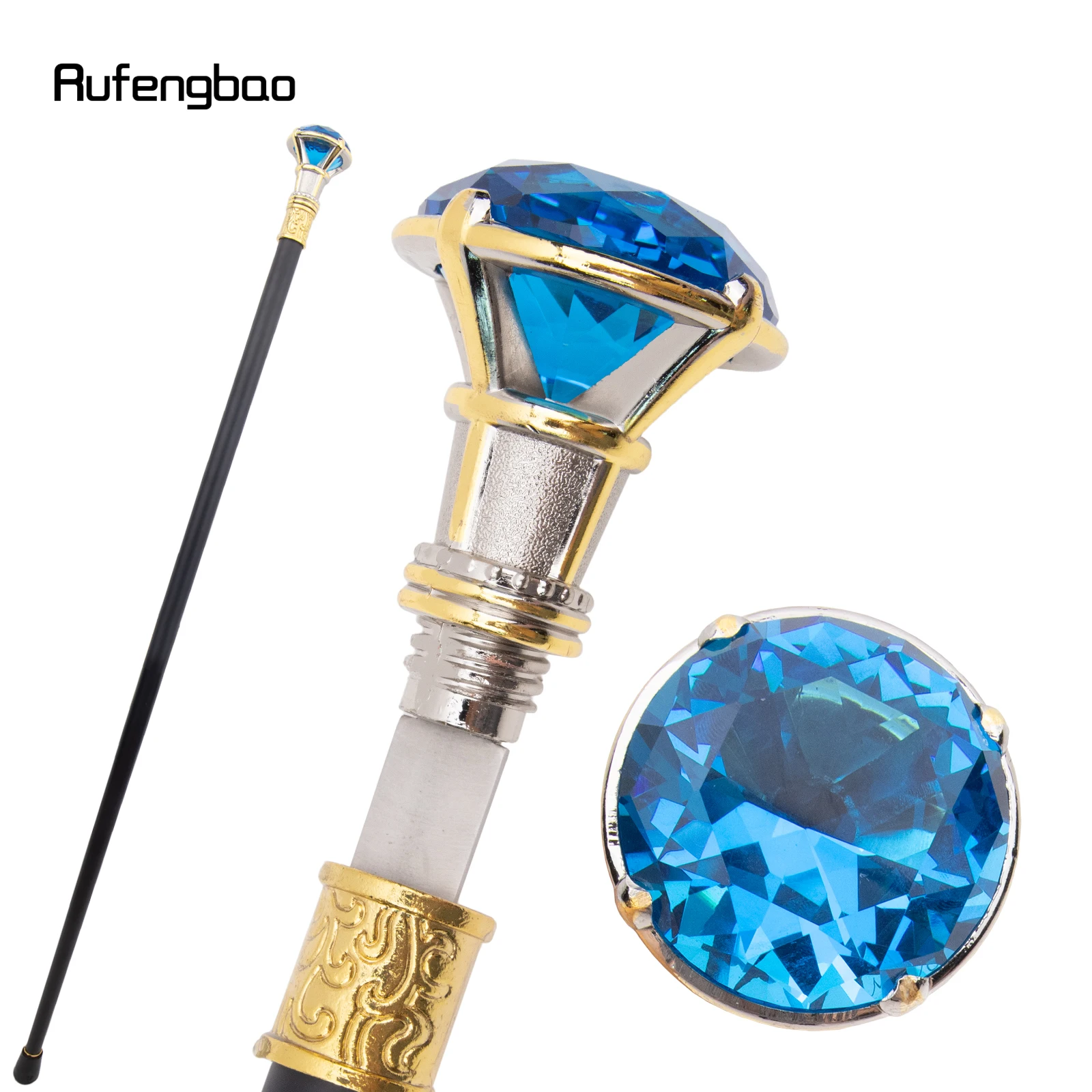 Blue Diamond Single Joint Golden White Walking Stick with Hidden Plate Self Defense Fashion Cane Cosplay Crosier Stick 90cm