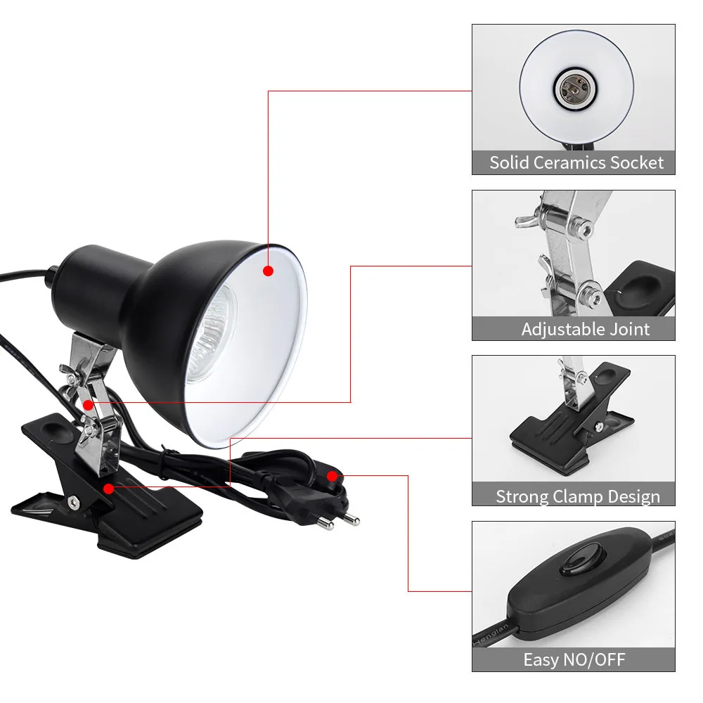 Turtle Heat Lamp Reptile Heating Basking Spot Lamp With Clamp Adjustable Lighting Angle Sun Lamp for Reptile Pets Amphibians