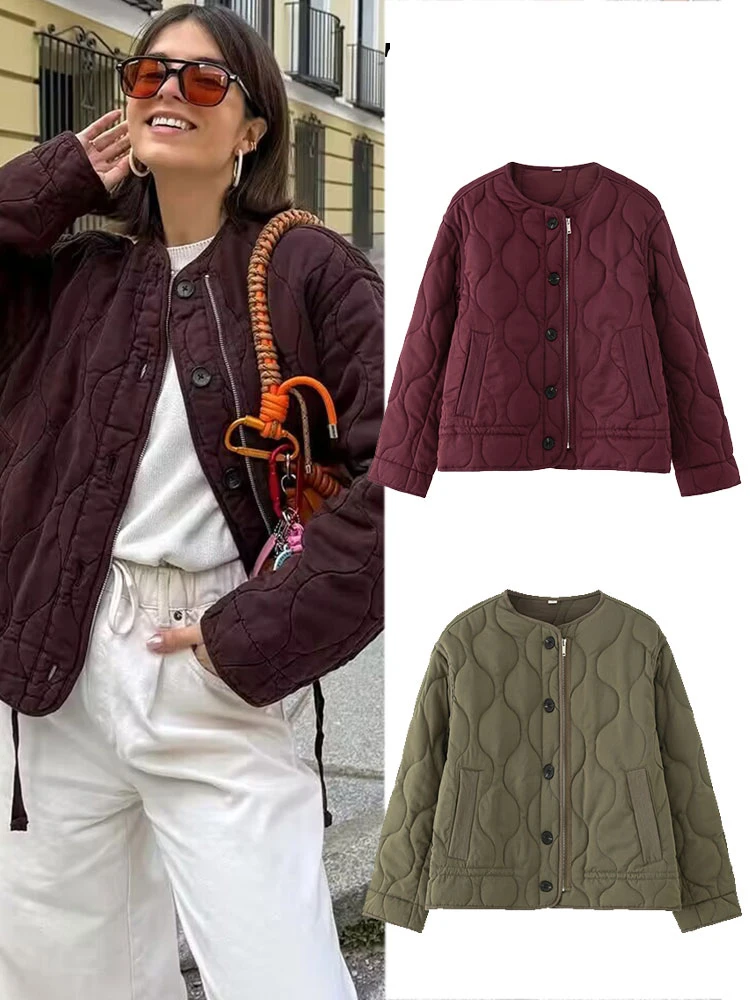 

HH 2025 осенняя женская двухцветная стеганая хлопковая куртка в стиле ретро, модная женская куртка с круглым воротником на молнии и карманами Y2K