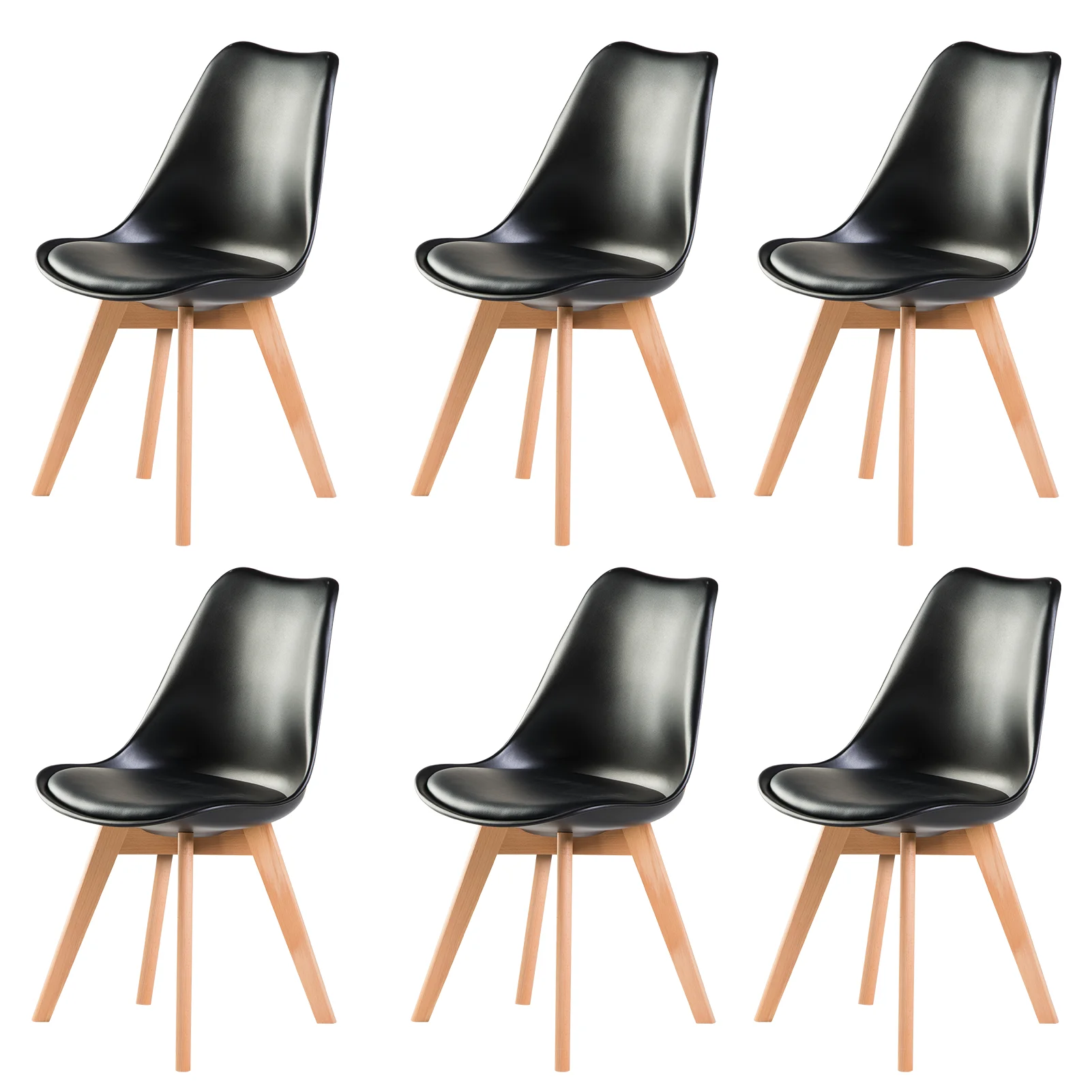 Scandinavian Chair Set of 6, Dining Chairs, Black Chair with PU Leather Seat Cushion, Plastic Chair with Beech Legs