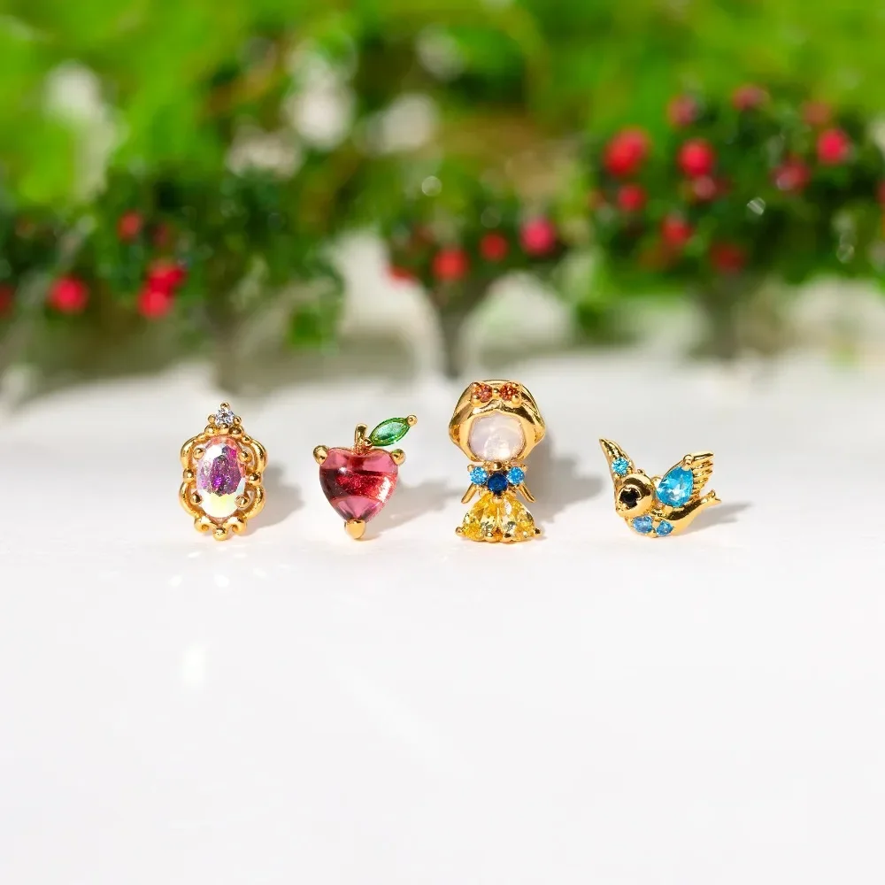 Monkton 4Pcs Set Fadeless Snow White Earring for Women Girls Birthday Gift Fairy Tales Princess Stud Earring Party Jewelry Set