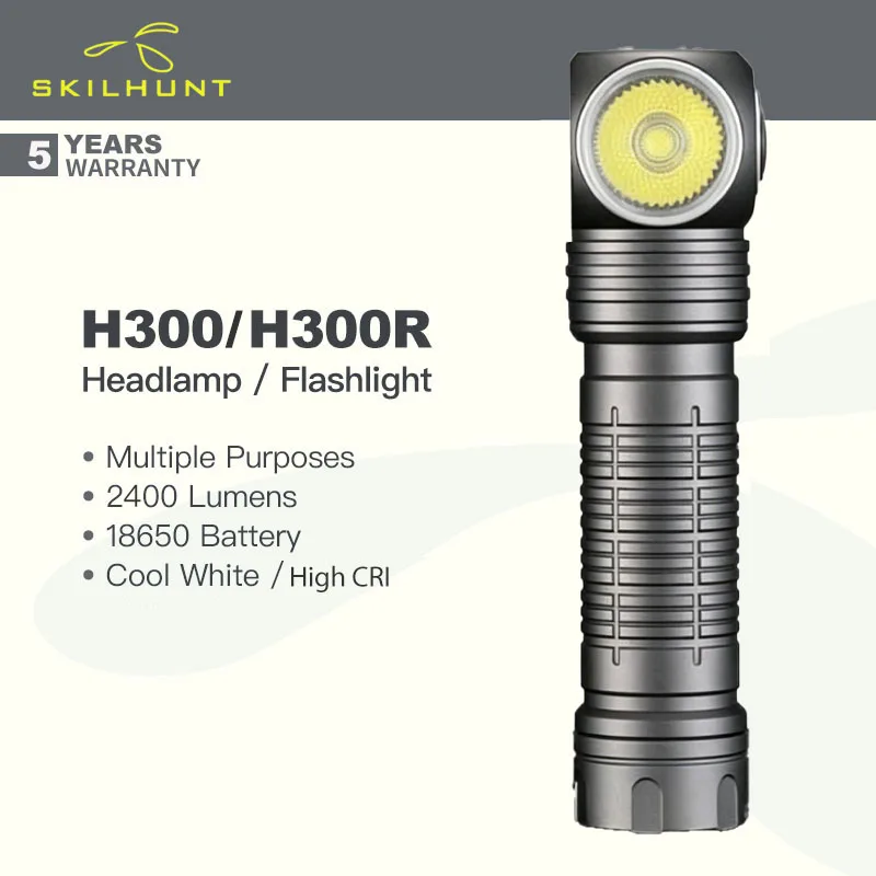 

Skilhunt H300 / H300R Flashlight / Headlamp, 2400 Lumens, with Red/Blue Signal Light, New UDOC Reflector, Magnetic Tail