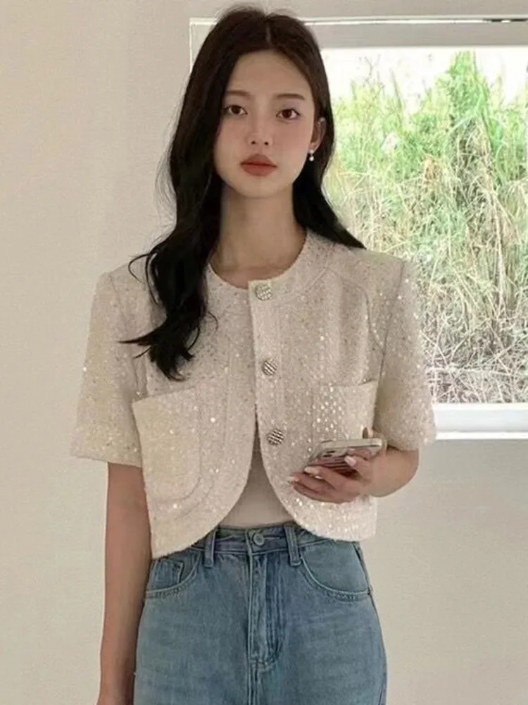 High Quality Tweed Jacket Women Sequined Short Sleeve O-neck Short Coats Crop Top Pocket Korean Fashion Outerwear Streetwear Y2k