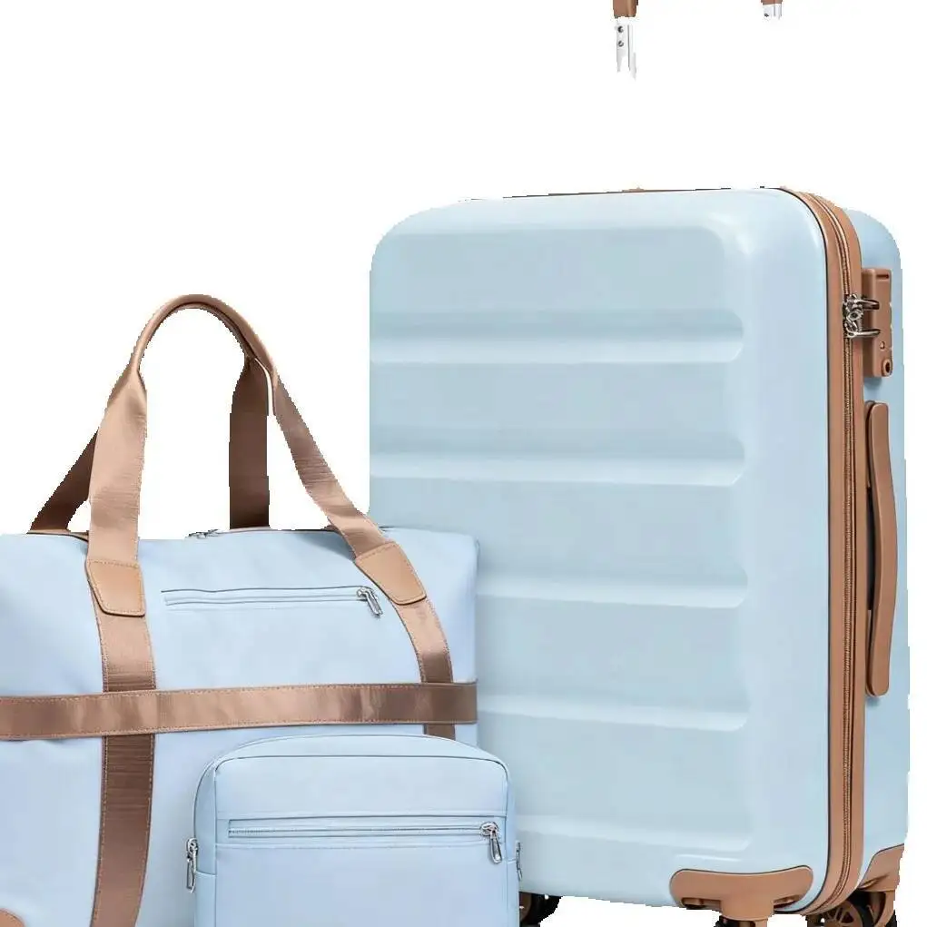 

Голубой набор чемоданов из трех предметов — чемодан с твердым корпусом + спортивный чемодан + сумка, вращающиеся колеса для путешествий