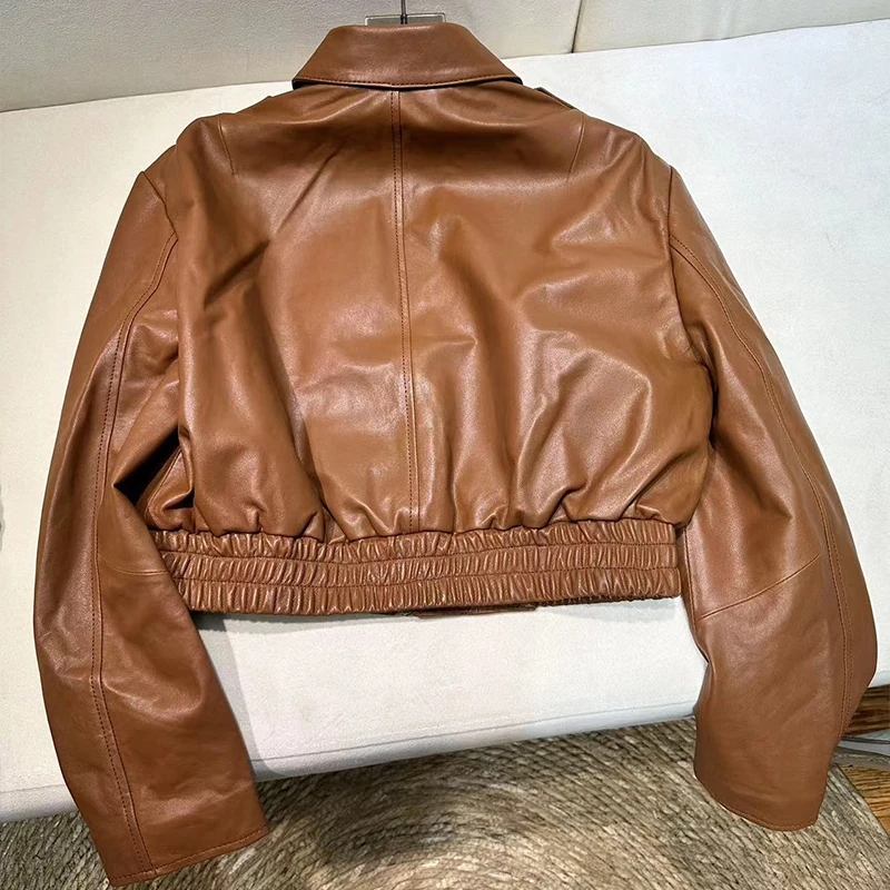 Retro Brown Sheepskin Motorcycle Jacket Women's Genuine Leather Jacket 2026 Spring Fashion Casual Black Short Leather Coats Tops