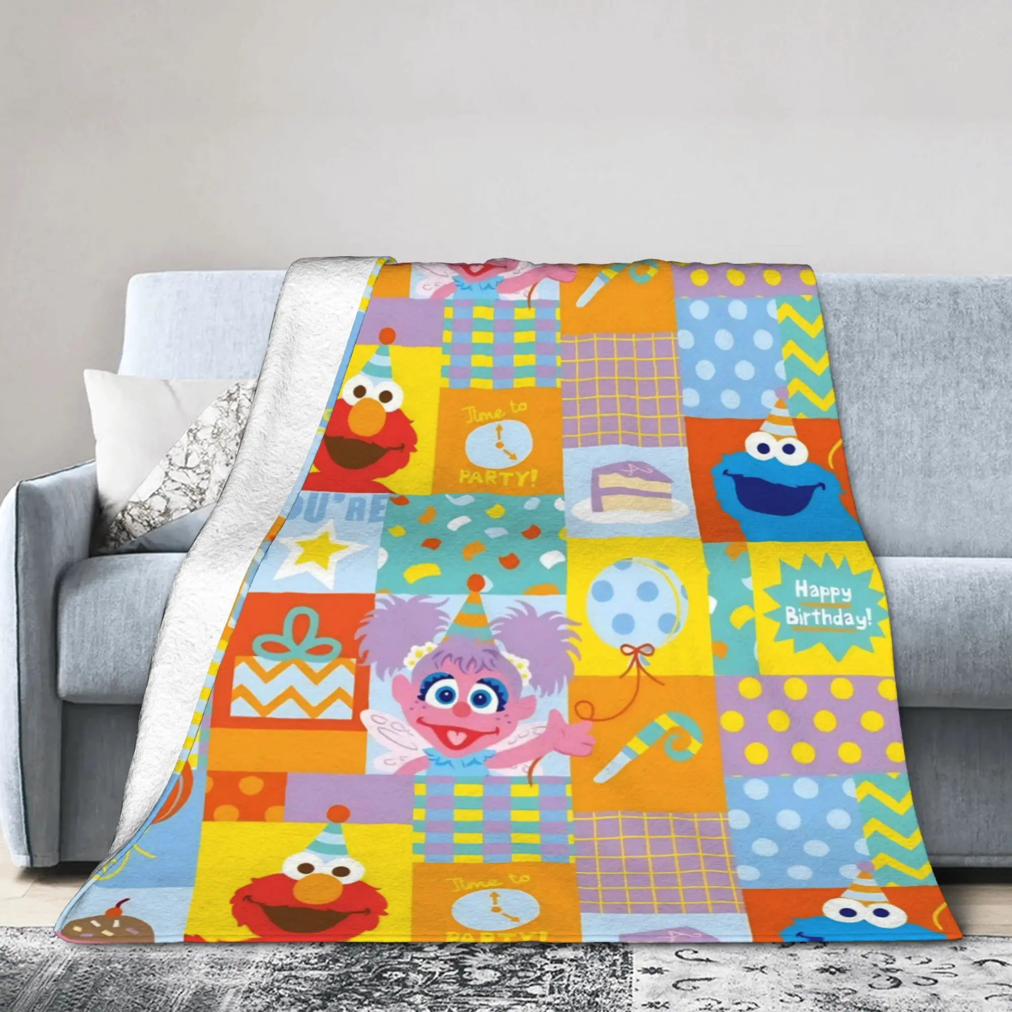 Sesames Streets Blanket Happy Birthday Flannel Vintage Soft Throw Blanket for Bed Sofa  Winter,