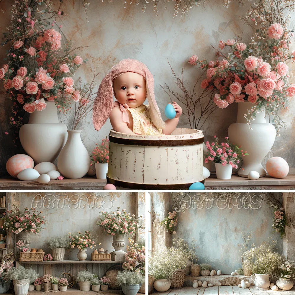 

Easter Photography Backdrop Easter Scene Backdrop Baskets Plants Vintage Flowery Baby Birthday Portrait Background Photo Studio