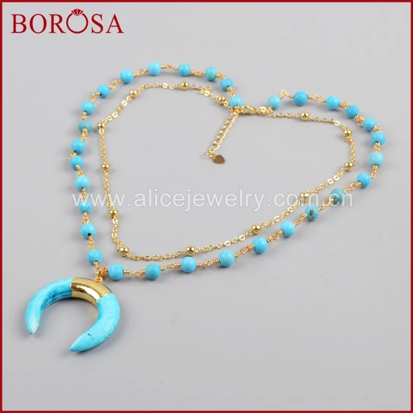 

Fashion Crescent Shape Gold Color Blue Howlite 2 Layer Necklace for Women Handmade Gemstone Pendant Necklace G1186