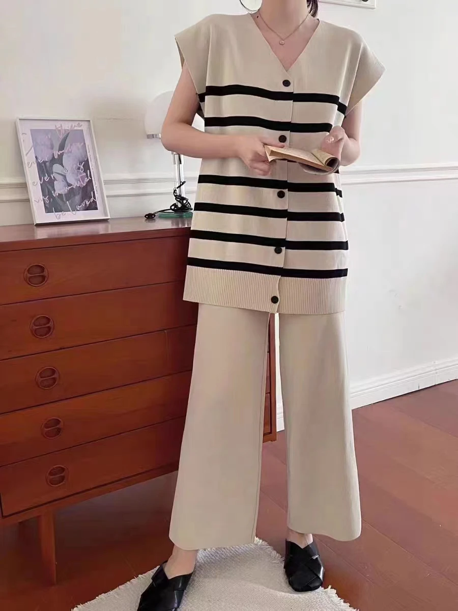 Vintage Loose Knit 2 Piece Pant Set Women Outfits 2023 Summer V-neck Striped Cardigan & Wide Leg Pants Suits Korean Elegant Sets