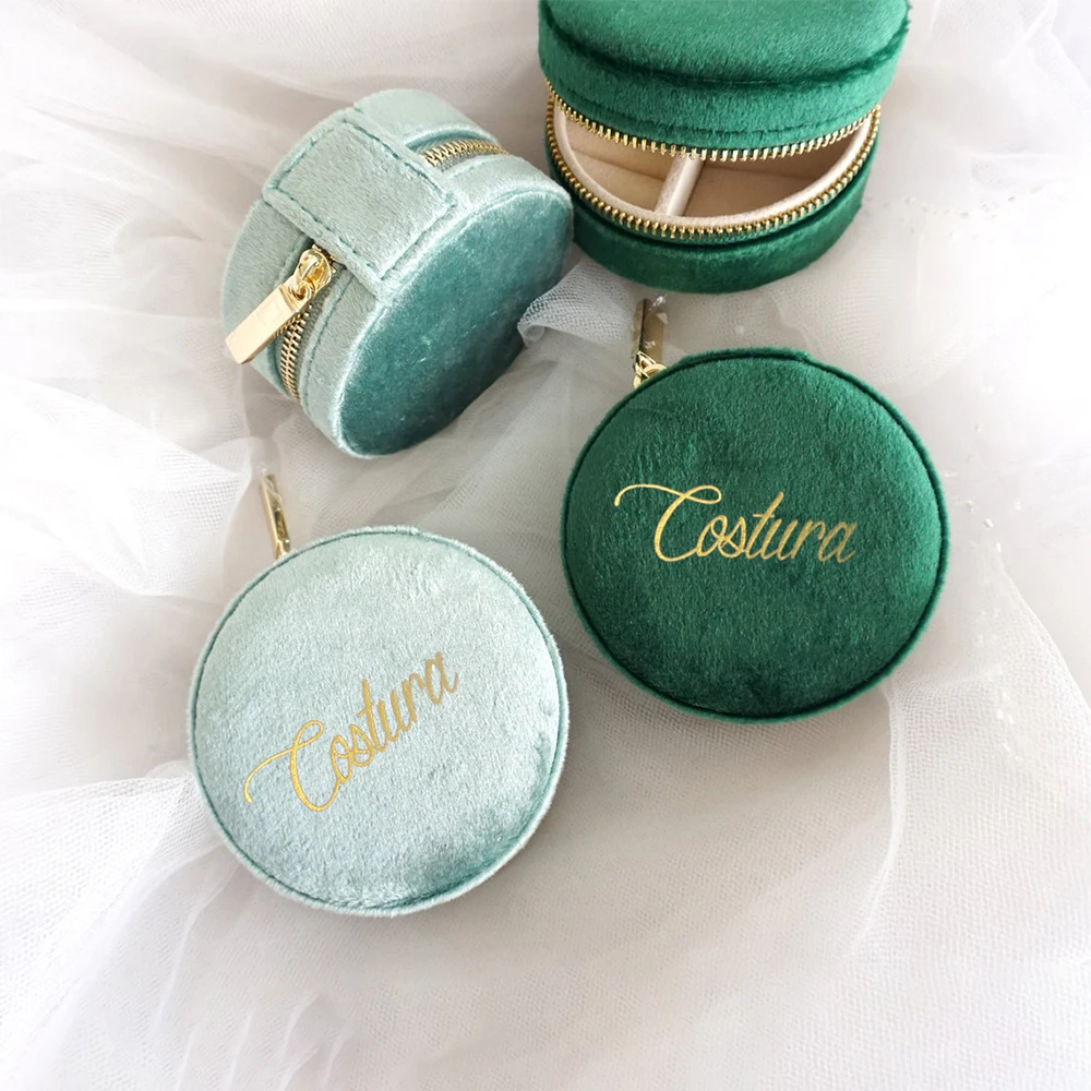 Personalized Round Velvet Travel Jewelry Boxs Traveling Portable Earrings Necklace Ring Jewelry Storage 100% Italian Velvet