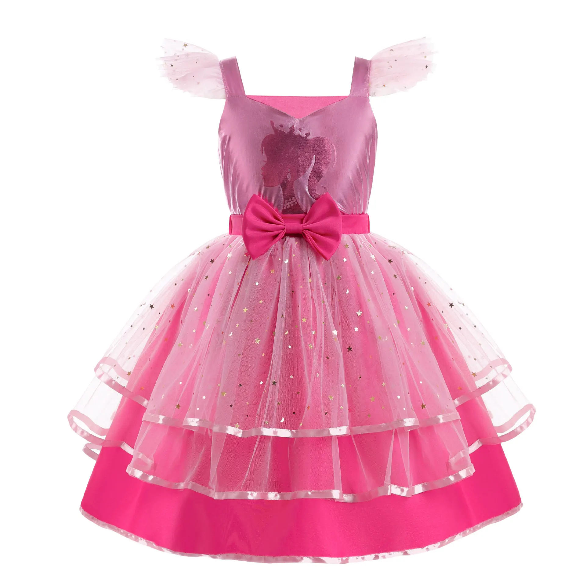 Girls\' New Barbie Bow Print Small Flying Sleeve Cosplay Dress for Graduation Party Sweet and Cute Fashion Mesh Dress