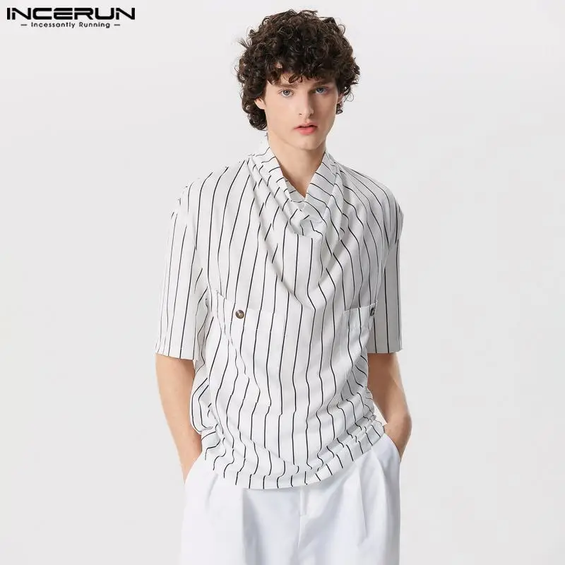 

2024 INCERUN Summer Tops Tee Men Pile Up Collar Striped Shirts Streetwear Chemise Male Short Sleeve Shirts S-5XL Oversize Blouse