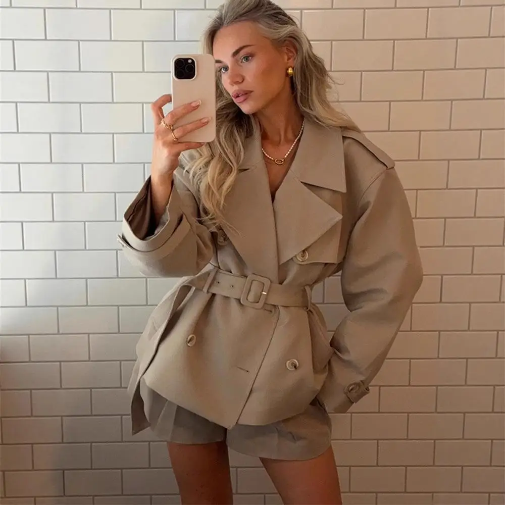 

Ele Belted Women's Jaet And orts Set Autumn Faion Outerwear Simple Sle Commute Long Sve Pure Color PU Material