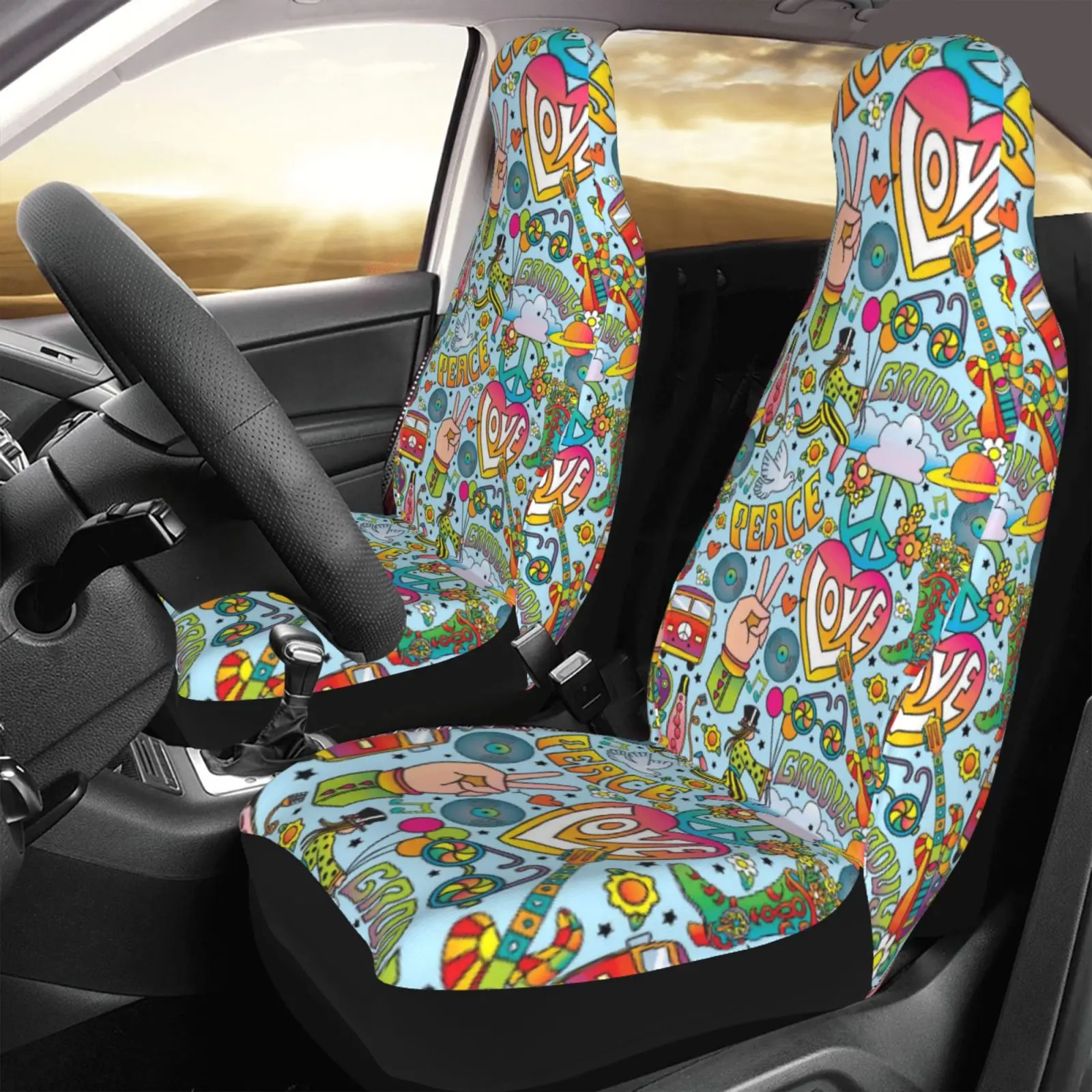 HIPPIE VANPeace  Love Funda Para Asiento Coche Impresión Personalizada Protector Frontal Universal Accesorios Juego Cojines