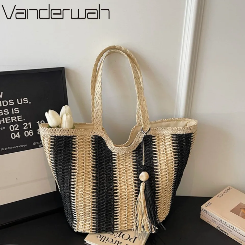 

Летняя женская плетеная сумка ручной работы через плечо, повседневная пляжная сумка для отпуска, соломенная сумка в ретро-стиле, вместительная полосатая сумка-тоут