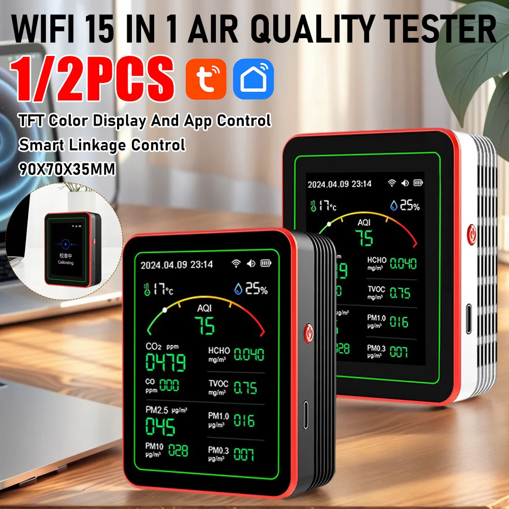 

WiFi 15-in-1 Air Quality Detector Temperature Humidity Meter TFT Display Air Quality Monitor Household CO CO2 TVOC HCHO Tester