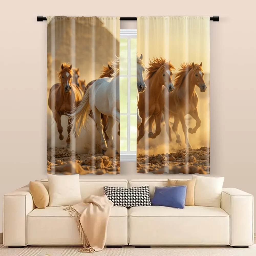 2 pcs, filtering curtains (excluding rods, non-movable, without batteries) Galloping Horses for use in bedrooms and living rooms