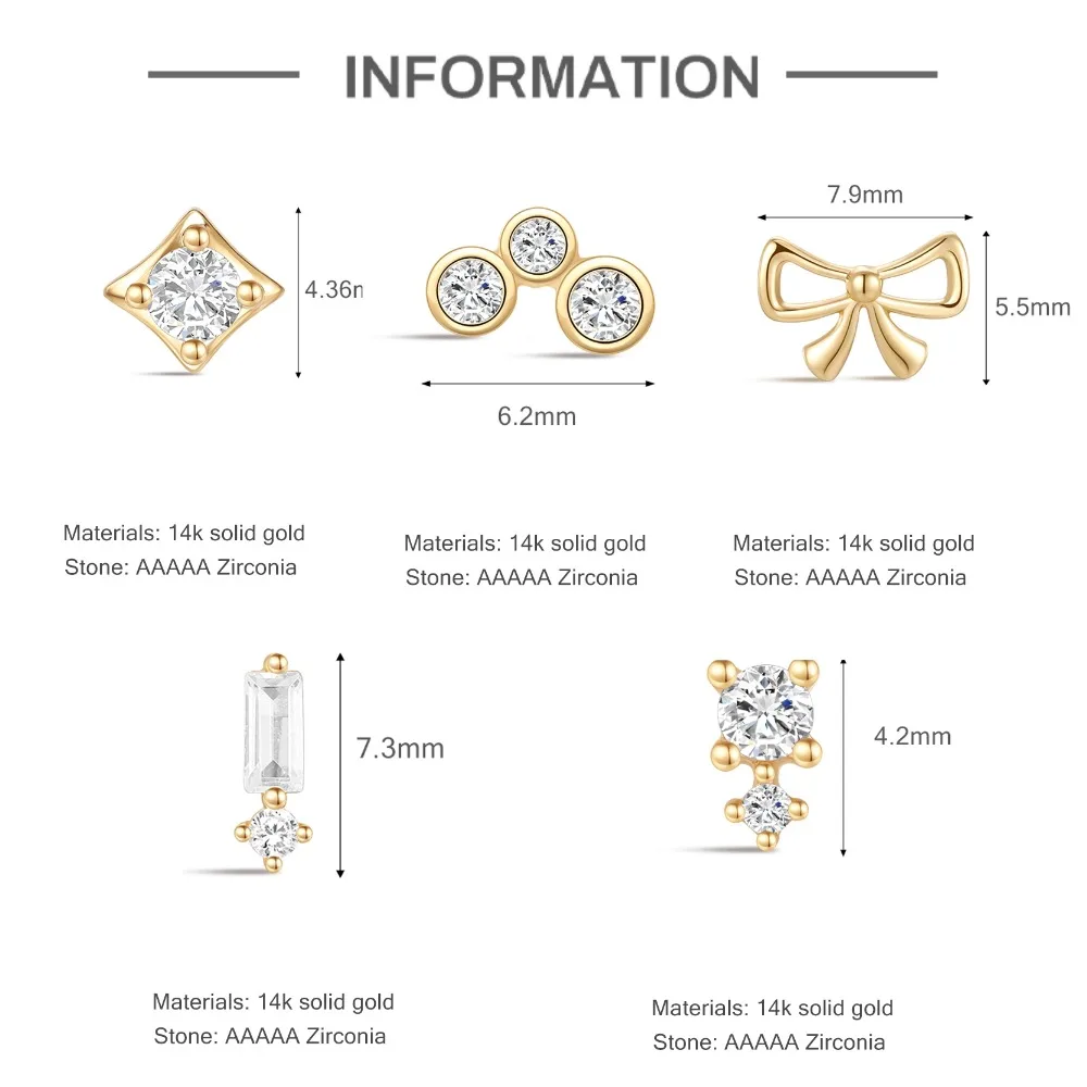 DIeSchein 14k Solid Gold Piercing Earring Women Cartilage CZ Flat Back Earrings for Piercing Cartilage Hoop Earrings Jewelry - view 4