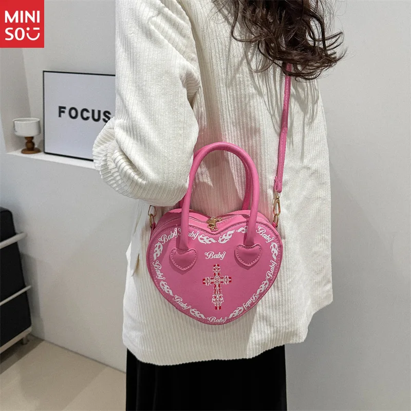 Miniso 2025 Punk Heart Box Bag, Gothic Cross Shoulder Purse, Studded Dark Female Handbag