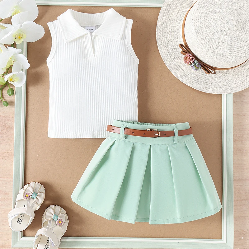 Toddler Baby Girl Summer Skirt Outfits Ribbed Sleevless Lapel Collar Vest Tank Pleated Mini Skirt 2 Piece Clothes Set