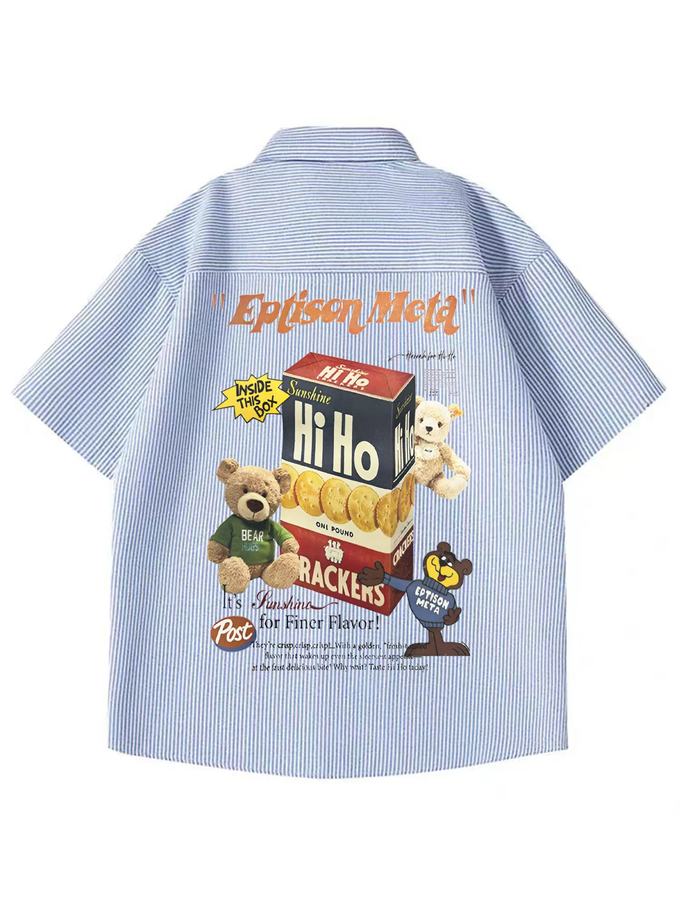 

Summer New Men's Cartoon Cookie Bear Back English Short Sleeve Striped Shirt Casual Versatile Shirt for Going Out
