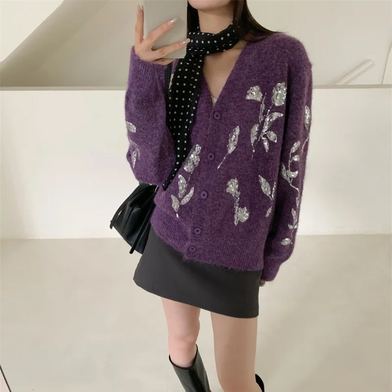 

Осень-зима, новая мода, вязаный свитер с блестками и цветком, женский свободный красивый повседневный кардиган с v-образным вырезом и длинными рукавами, топы