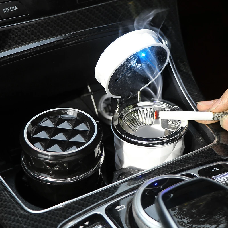 Car Ashtray With LED Light Universal Portable Alloy Ash Tray Aluminum Cup Smokeless Auto Ashtray Flame Retardant Car Cup Holder