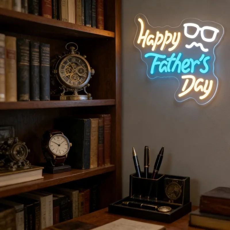 Happy Fathers Day LED Neon Sign USB Dimmable Wall Light with Glasses Mustache for Dad Gift Office Man Cave Bar Club Home Decor