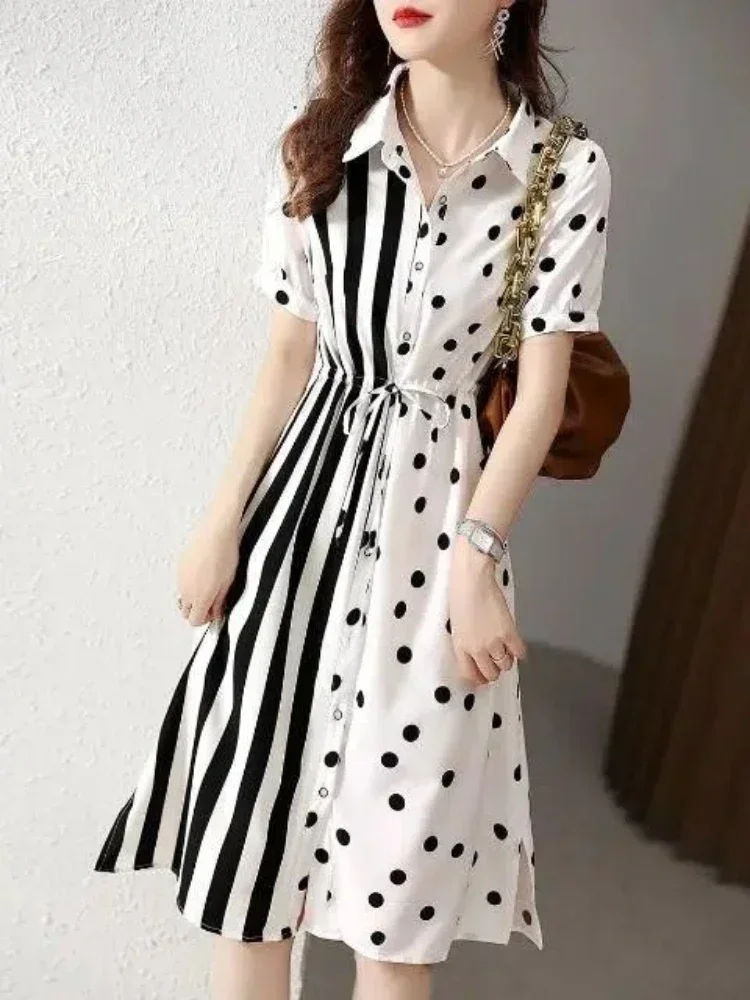 Robe mi-longue en coton pour femme, chemise bandage, t-shirts pour femme, vêtements chics et élégants, promotion, 2024