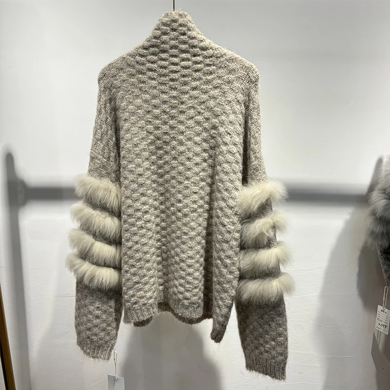 2025年冬 レディース ローズレッド 本物の狐の毛皮 ニットコート 本物の毛皮 秋 ニットジャケット セーター