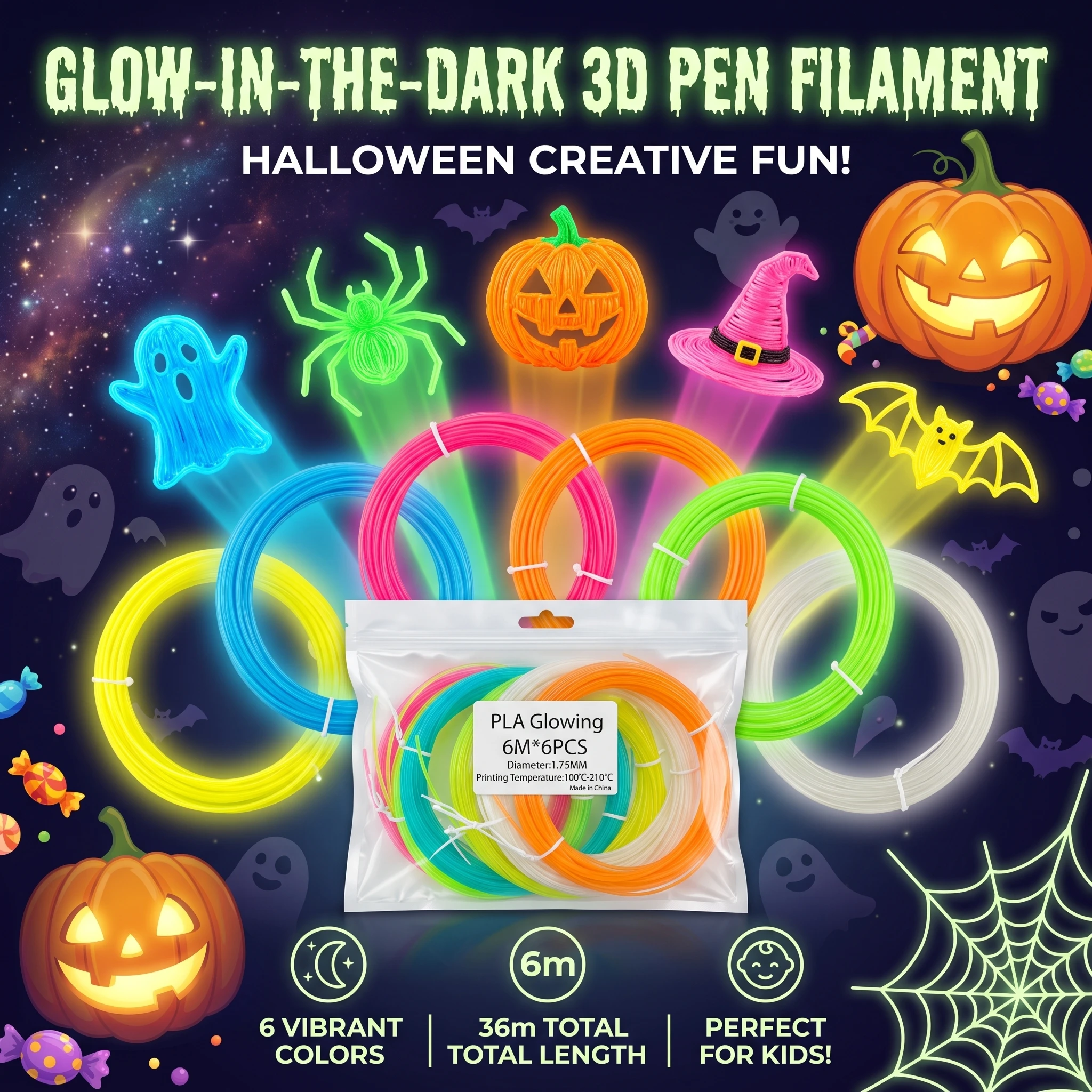 Halloween Eco-Friendly Glow-in-the-Dark PLA Filament 1.75mm for 3D Printers And 3D Pens - Reusable 3D Pen Filament Refill