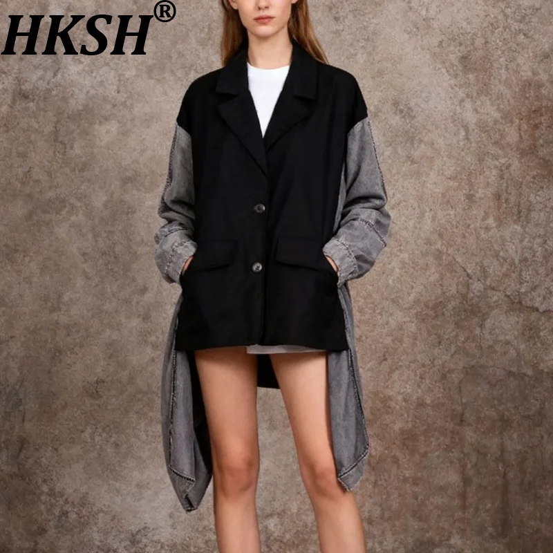 HKSH Spring Autumn New Women Jacket Irregular Denim Patchwork Color Block Single Breasted Chic Y2K Casual Oversized Coat HK18032