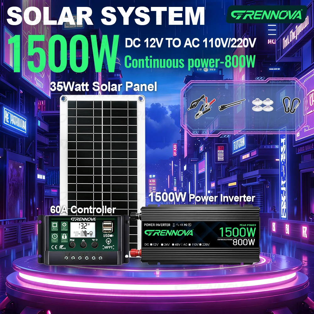 

1500W Portable Solar Power Bundle 35W Solar Panel 1500W Inverter MPPT Controller for Outdoor Photography & Mobile Workstations
