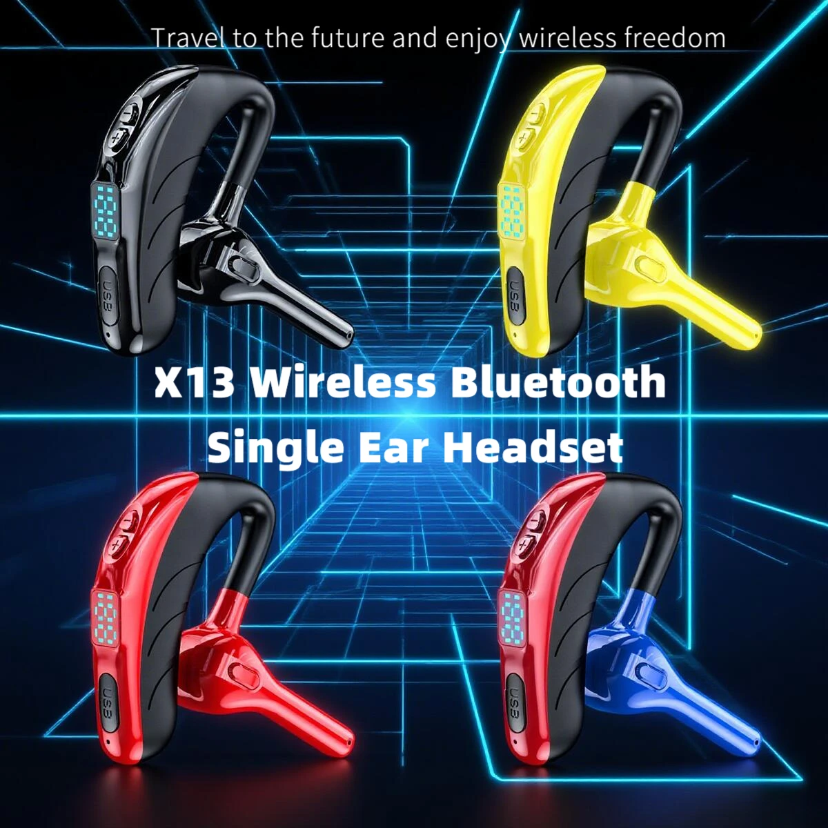 

Wireless Bluetooth Single Ear Headphones With Power Display Dual-mic Noise Reduction Long Endurance Headsets For Car Music Sport