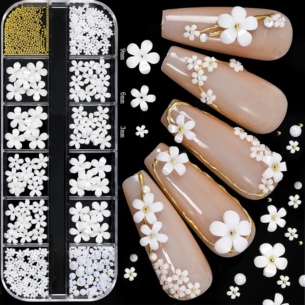 

1Box 3D Acrylic Flower Steel Beads Nail Art Charm Mix Pearl Caviar Beads Five-Petal Flower Nail Decorations DIY Manicure Decor