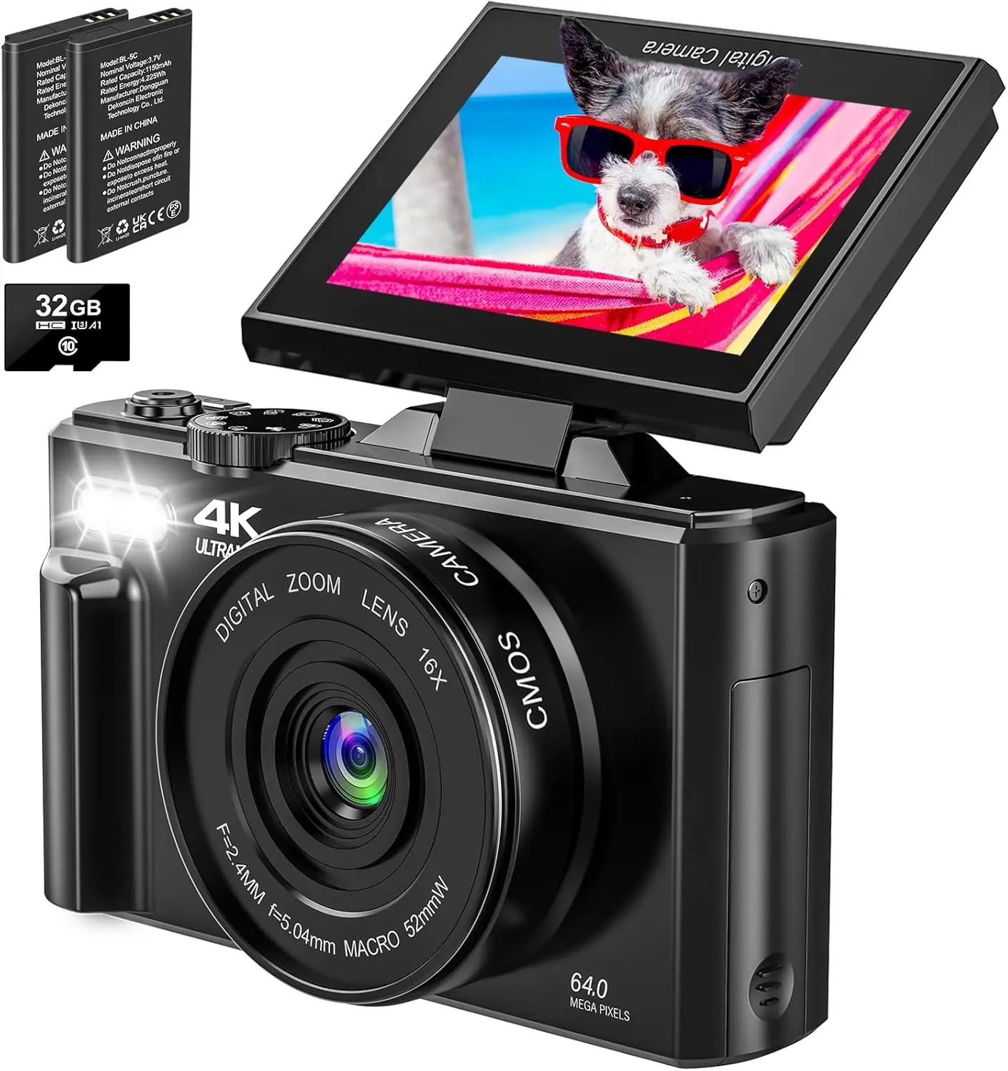 

64MP Vlogging Camera for YouTube with 18X Zoom,4K Digital Camera for Photography, Auto-Focus 4K Video Camera with 32GB SD Card