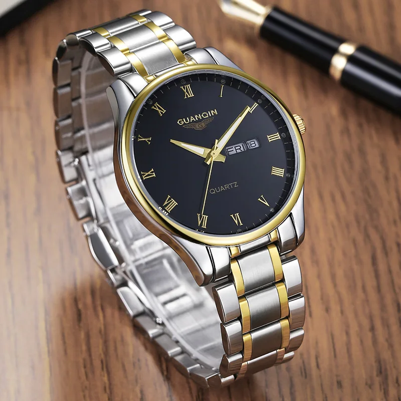 

Мужские часы GUANQIN, роскошные оригинальные кварцевые часы, корпус из нержавеющей стали, сапфировое стекло, дата, неделя, бизнес, отдых, водонепроницаемые