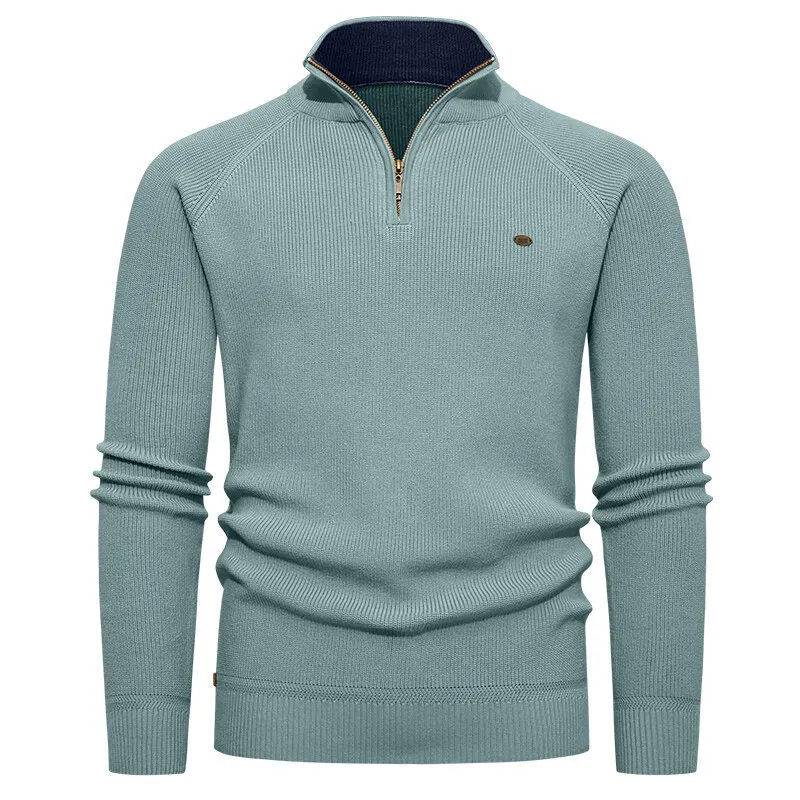 

Men's Light Blue Ribbed Knit Half Zip Sweater Stand Collar Casual Pullover