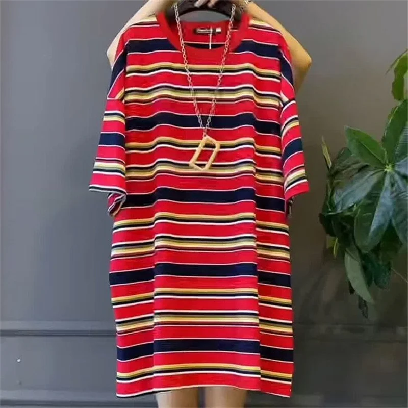 

American Style Loose Colorful Stripe Dress Women O Neck Short Sleeve Long T-shirt Straight Mini Summer Dresses