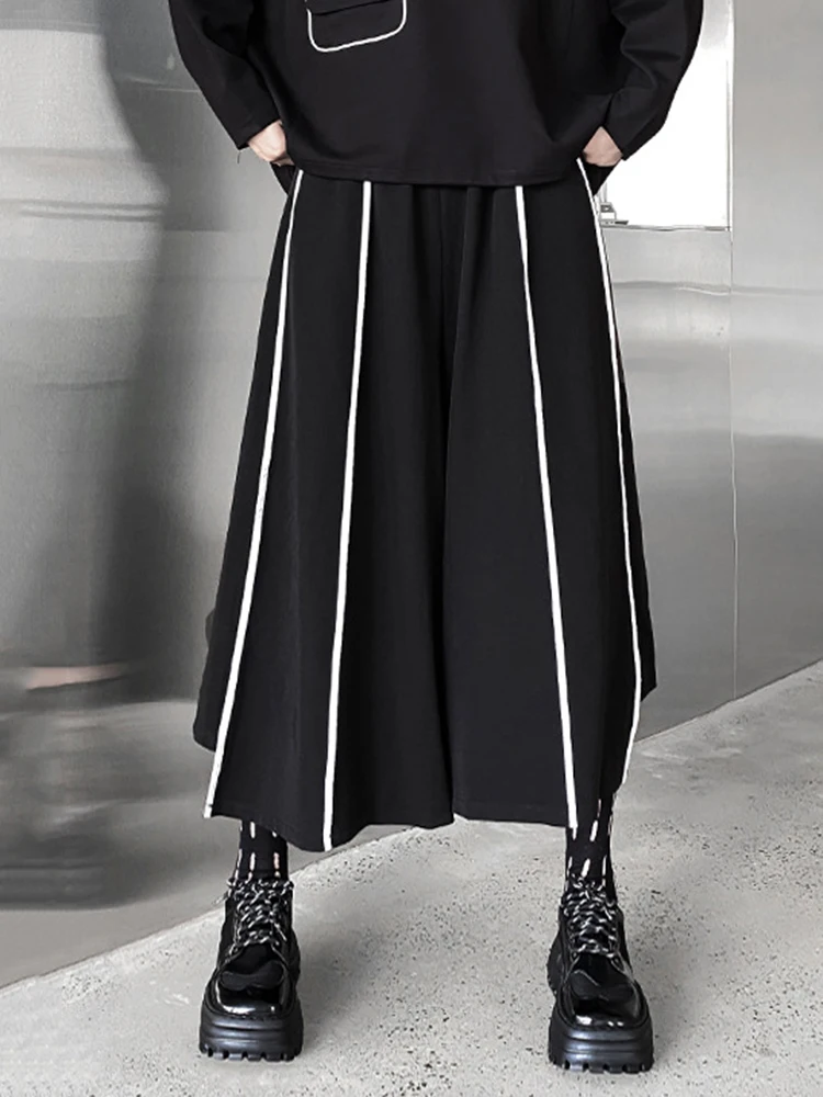 [EAM] High Elastic Waist Black Striped Long Wide Leg Pants New Loose Fit Trousers Women Fashion Tide Spring Autumn 2024 1DF1509