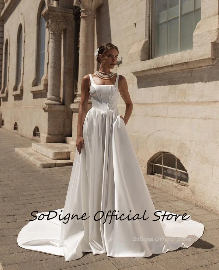 SoDigne A-line Elegant Wedding Dresses Square Collar Sleevless Satin Bridal Dress Long Simple Wedding Gown 2025 Robe De Mairee