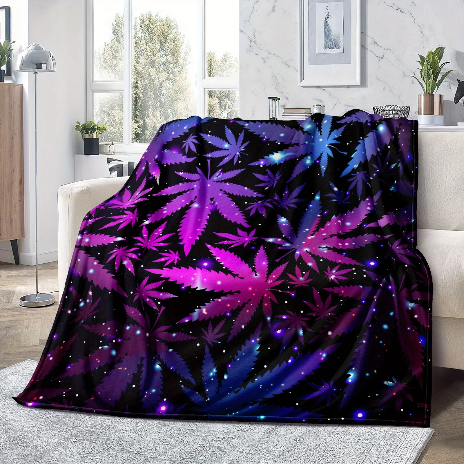 Glow Weed Leaf Blanket Galaxy Starry Sky Flannel Fleece Throw Blankets Cozy Luxury Sofa Bedspread Aesthetic Room Bedding Decor