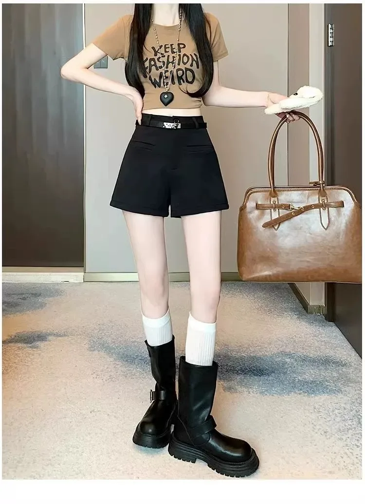 Anzugshorts, Stiefelhosen, Damen-Sommerhosen mit hoher Taille, lockere Passform, figurformend, weites Bein, „Spicy Girl“-Stil, A-Linien-Shorts, für kleinere Statur. – Detail 14