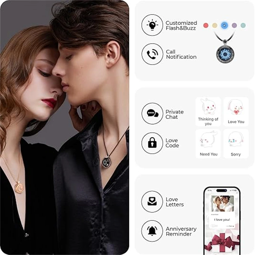 TOTWOO Sun & Moon 터치 목걸이, 마노 진동 및 장거리 관계 선물용 목걸이 조명 커플 목걸이